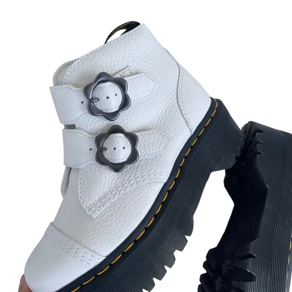 Dr. Martens Women’s Devon Flower Buckle White Pebbled Leather Platform Boots