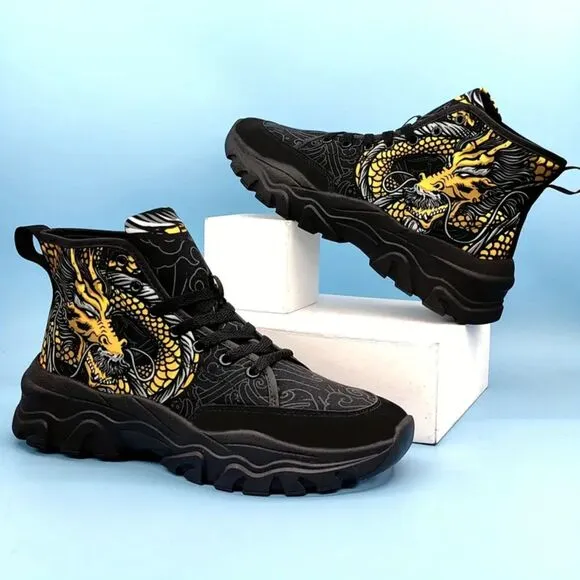 Dragon Pattern Canvas Shoes Comfy Non-Slip Breathable Sneakers Unisex 8.5 Black