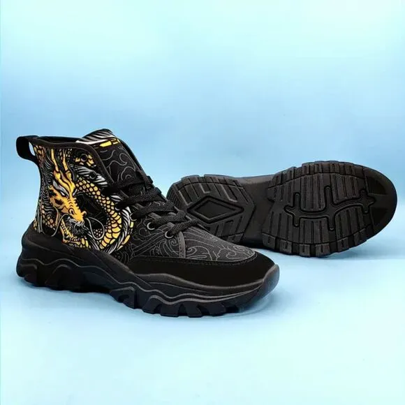 Dragon Pattern Canvas Shoes Comfy Non-Slip Breathable Sneakers Unisex 8.5 Black
