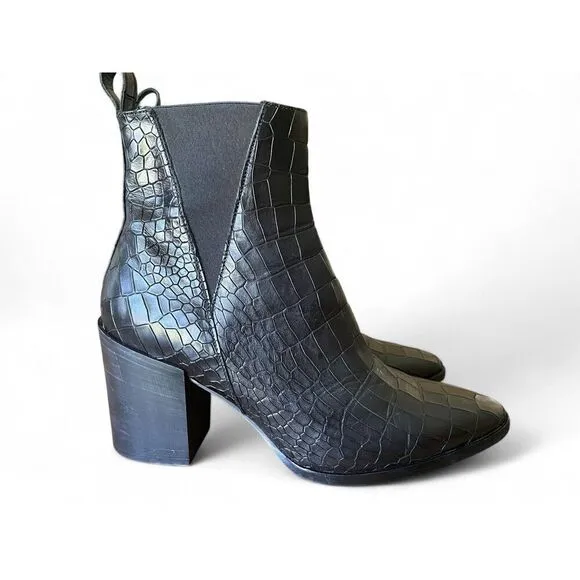 Dune 8.5 Women’s Black Printed Leather Pouring Croc-Embossed Heeled Ankle Boots