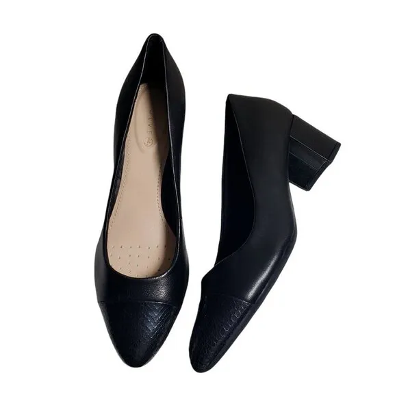 Easy Spirit Womens Black Leather Almond Toe Slip On Pump Block Heels Shoes Sz 9M