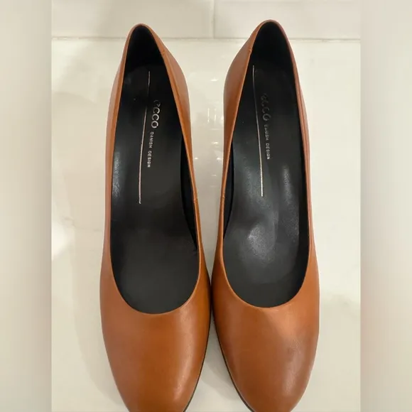 Ecco Shape 55 Plateau Pump 7 Women 41 Amber Brown Leather Shoes Slip On Heels