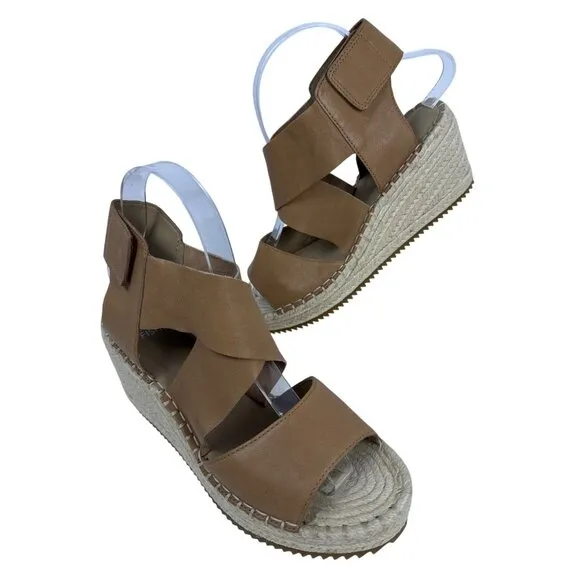 Eileen Fisher Women's Willow Tumbled Tan Leather Wedge Espadrille Sandal 7.5