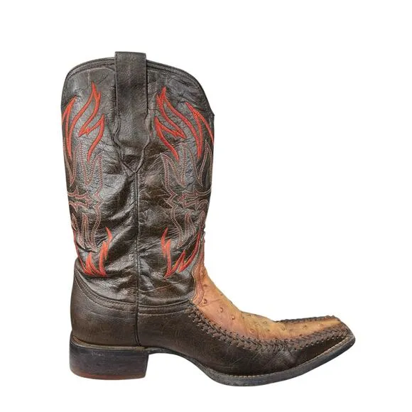 El General 1901 Men's Brown Leather Ostrich Snip Toe Cowboy Boot Size US 11