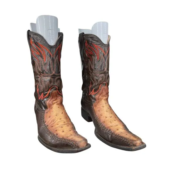 El General 1901 Men's Brown Leather Ostrich Snip Toe Cowboy Boot Size US 11