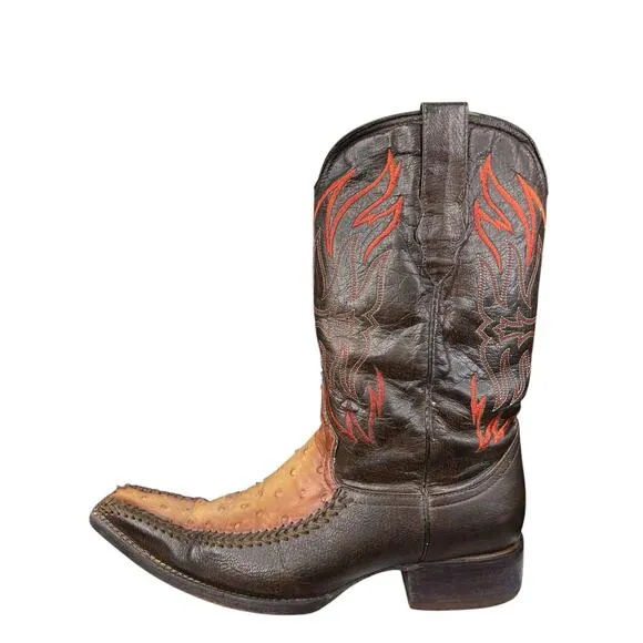 El General 1901 Men's Brown Leather Ostrich Snip Toe Cowboy Boot Size US 11