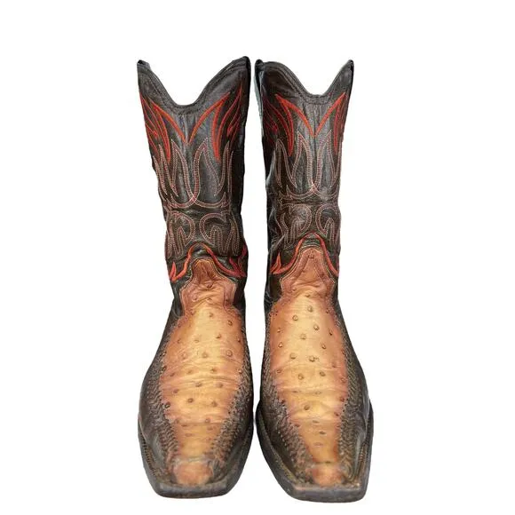 El General 1901 Men's Brown Leather Ostrich Snip Toe Cowboy Boot Size US 11