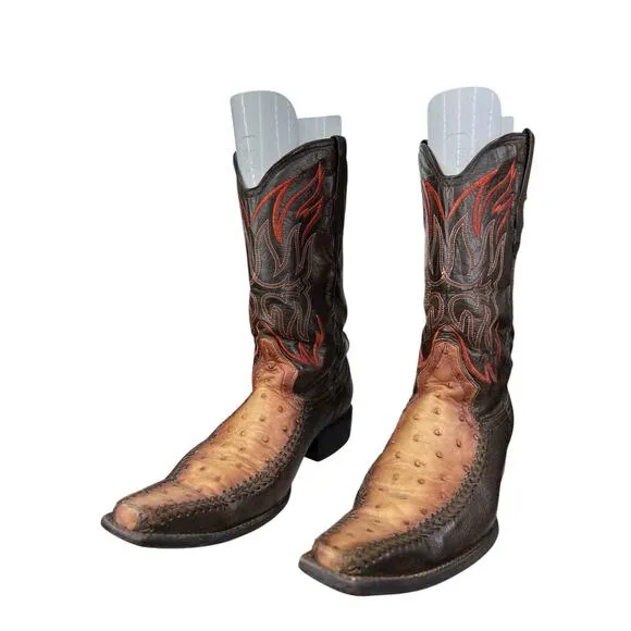 El General 1901 Men's Brown Leather Ostrich Snip Toe Cowboy Boot Size US 11