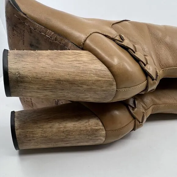 ELIZABETH AND JAMES SONNY BOOTS Caramel Tall Leather Wooden Heel Women 7 Braided