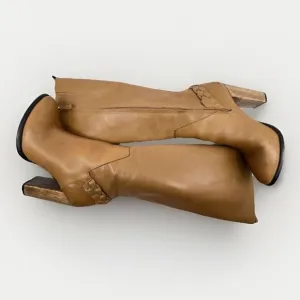 ELIZABETH AND JAMES SONNY BOOTS Caramel Tall Leather Wooden Heel Women 7 Braided
