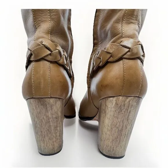 ELIZABETH AND JAMES SONNY BOOTS Caramel Tall Leather Wooden Heel Women 7 Braided