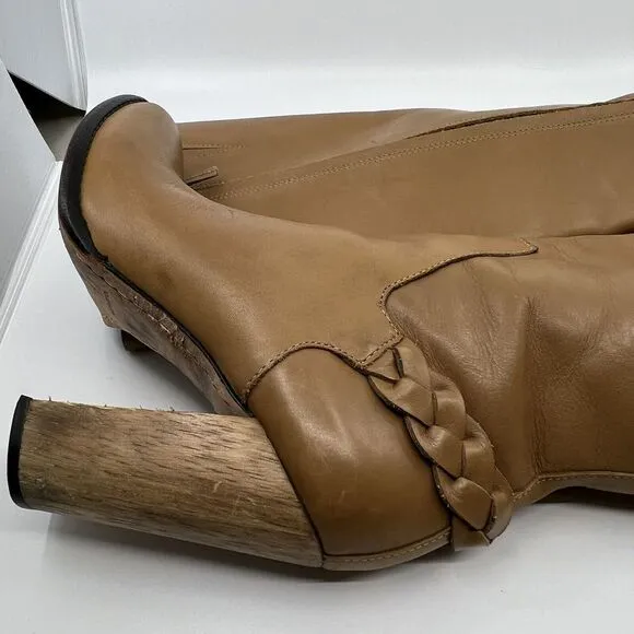 ELIZABETH AND JAMES SONNY BOOTS Caramel Tall Leather Wooden Heel Women 7 Braided