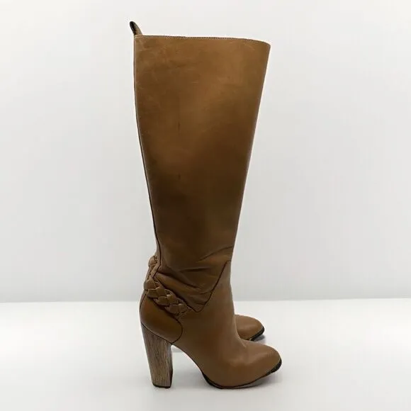ELIZABETH AND JAMES SONNY BOOTS Caramel Tall Leather Wooden Heel Women 7 Braided