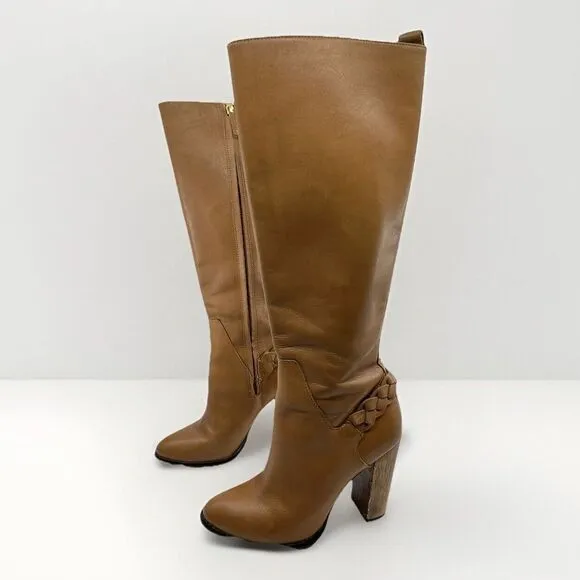 ELIZABETH AND JAMES SONNY BOOTS Caramel Tall Leather Wooden Heel Women 7 Braided