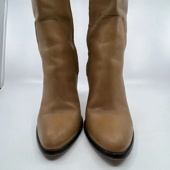 ELIZABETH AND JAMES SONNY BOOTS Caramel Tall Leather Wooden Heel Women 7 Braided