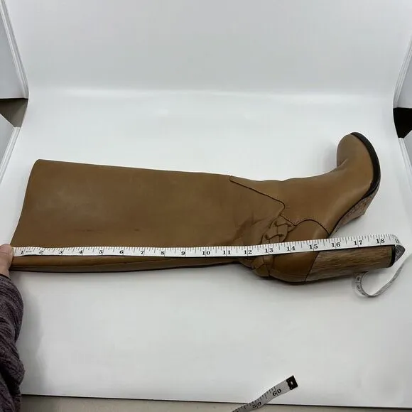 ELIZABETH AND JAMES SONNY BOOTS Caramel Tall Leather Wooden Heel Women 7 Braided