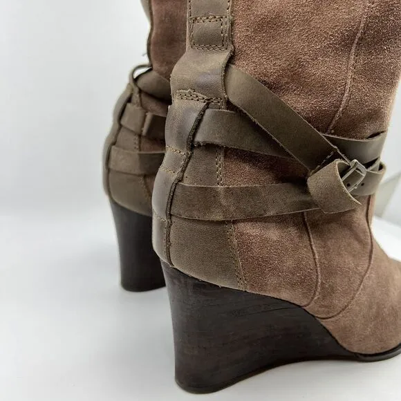 EMU AUSTRALIA‎ TARLO BOOTS Mushroom Suede Leather Tall Women 8 Buckle Wedge