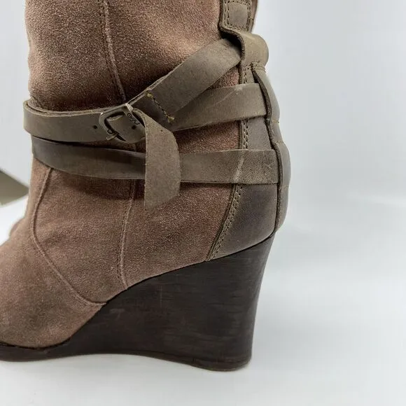 EMU AUSTRALIA‎ TARLO BOOTS Mushroom Suede Leather Tall Women 8 Buckle Wedge