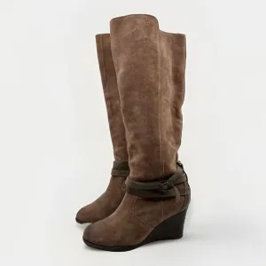 EMU AUSTRALIA‎ TARLO BOOTS Mushroom Suede Leather Tall Women 8 Buckle Wedge