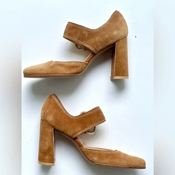 EUC Miu Miu Swede Shoes Heels, Oversized Buckle, size 34.5