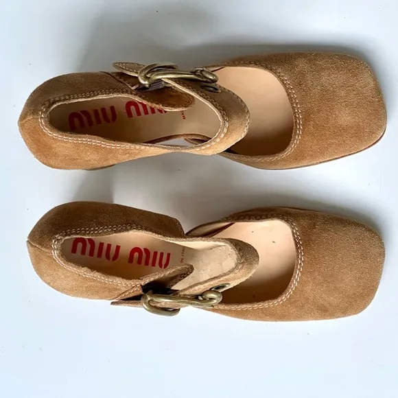 EUC Miu Miu Swede Shoes Heels, Oversized Buckle, size 34.5