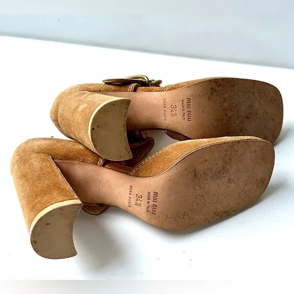 EUC Miu Miu Swede Shoes Heels, Oversized Buckle, size 34.5