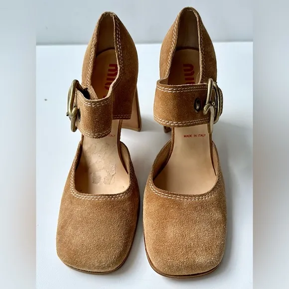 EUC Miu Miu Swede Shoes Heels, Oversized Buckle, size 34.5