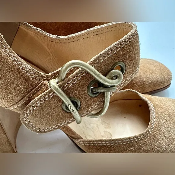 EUC Miu Miu Swede Shoes Heels, Oversized Buckle, size 34.5