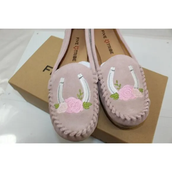 Five Tribe Women's Shoes Casual Slip On Suede Rose Embroidered Lucky Horseshoe 8