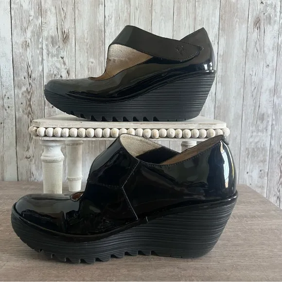 Fly London Black Patent Leather Mary Jane Wedge Shoes