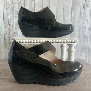 Fly London Black Patent Leather Mary Jane Wedge Shoes