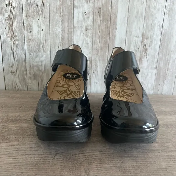Fly London Black Patent Leather Mary Jane Wedge Shoes