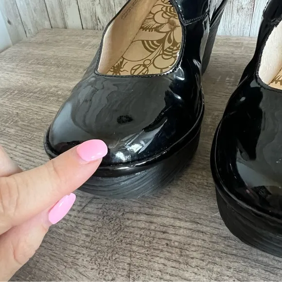 Fly London Black Patent Leather Mary Jane Wedge Shoes