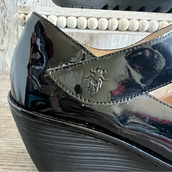 Fly London Black Patent Leather Mary Jane Wedge Shoes