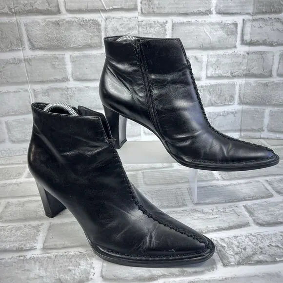 Franco Sarto Women' 8 L-Colette Black Leather Pointed Toe Pinched Ankle Boots