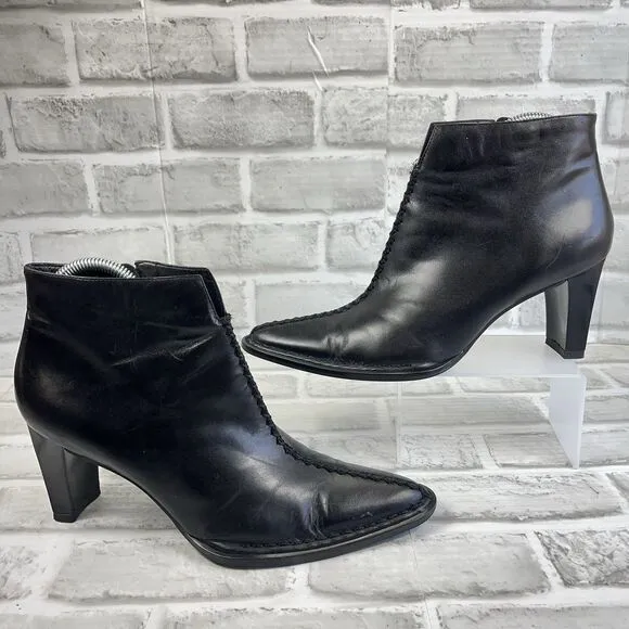 Franco Sarto Women' 8 L-Colette Black Leather Pointed Toe Pinched Ankle Boots