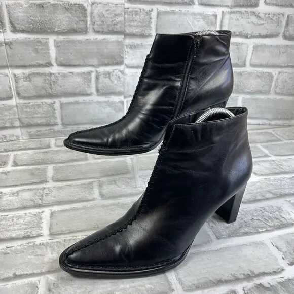 Franco Sarto Women' 8 L-Colette Black Leather Pointed Toe Pinched Ankle Boots