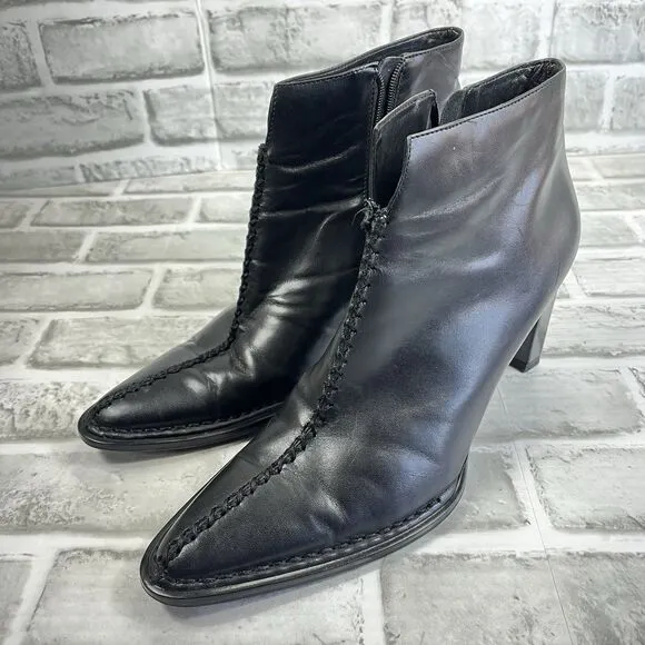 Franco Sarto Women' 8 L-Colette Black Leather Pointed Toe Pinched Ankle Boots
