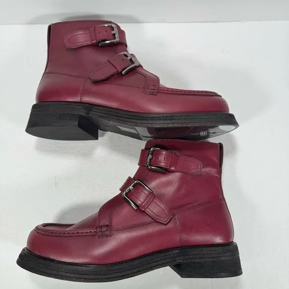 Free People Isla Double Buckle Moto Leather Boots Wild Mulberry Red Women 9.5
