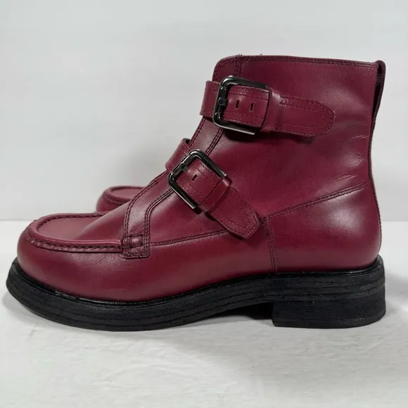Free People Isla Double Buckle Moto Leather Boots Wild Mulberry Red Women 9.5