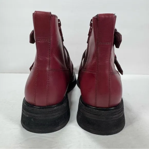 Free People Isla Double Buckle Moto Leather Boots Wild Mulberry Red Women 9.5