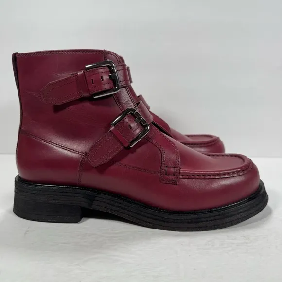 Free People Isla Double Buckle Moto Leather Boots Wild Mulberry Red Women 9.5