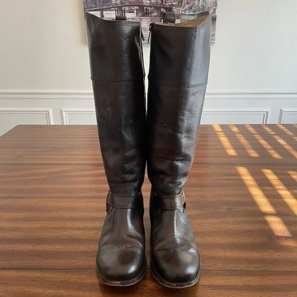 Frye Melissa Harness Boots Women’s Size 6.5 B Brown Leather Extended Calf 76929