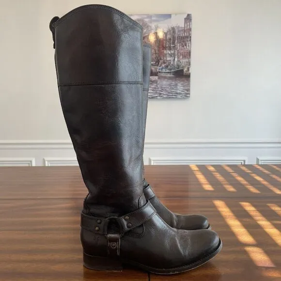 Frye Melissa Harness Boots Women’s Size 6.5 B Brown Leather Extended Calf 76929