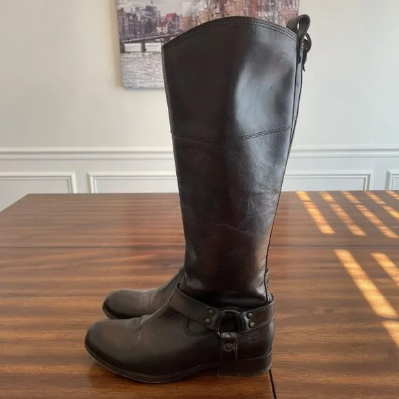 Frye Melissa Harness Boots Women’s Size 6.5 B Brown Leather Extended Calf 76929