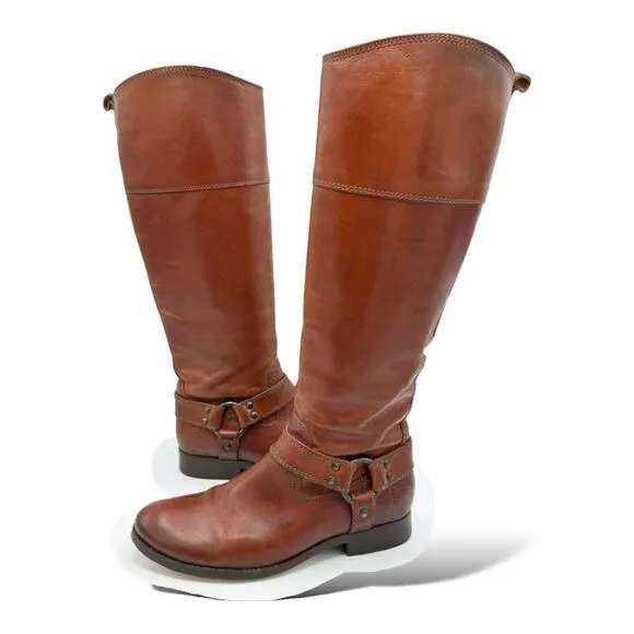Frye Melissa Harness Tall Riding Boots Women Size 6.5 B Chestnut Brown Leather