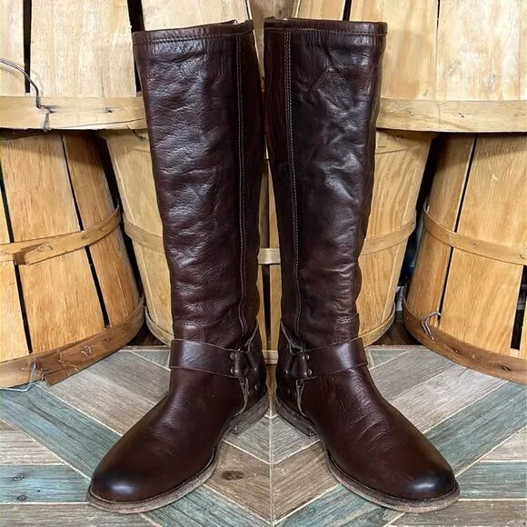 Frye Philip Harness Tall 76850 Brown Leather Back-Zip Riding Boots Womens Size 8