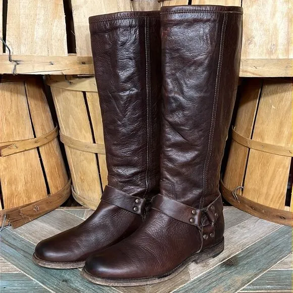 Frye Philip Harness Tall 76850 Brown Leather Back-Zip Riding Boots Womens Size 8