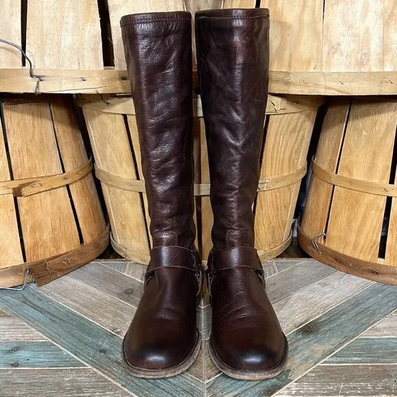 Frye Philip Harness Tall 76850 Brown Leather Back-Zip Riding Boots Womens Size 8