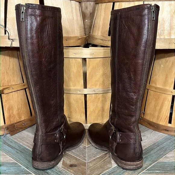 Frye Philip Harness Tall 76850 Brown Leather Back-Zip Riding Boots Womens Size 8